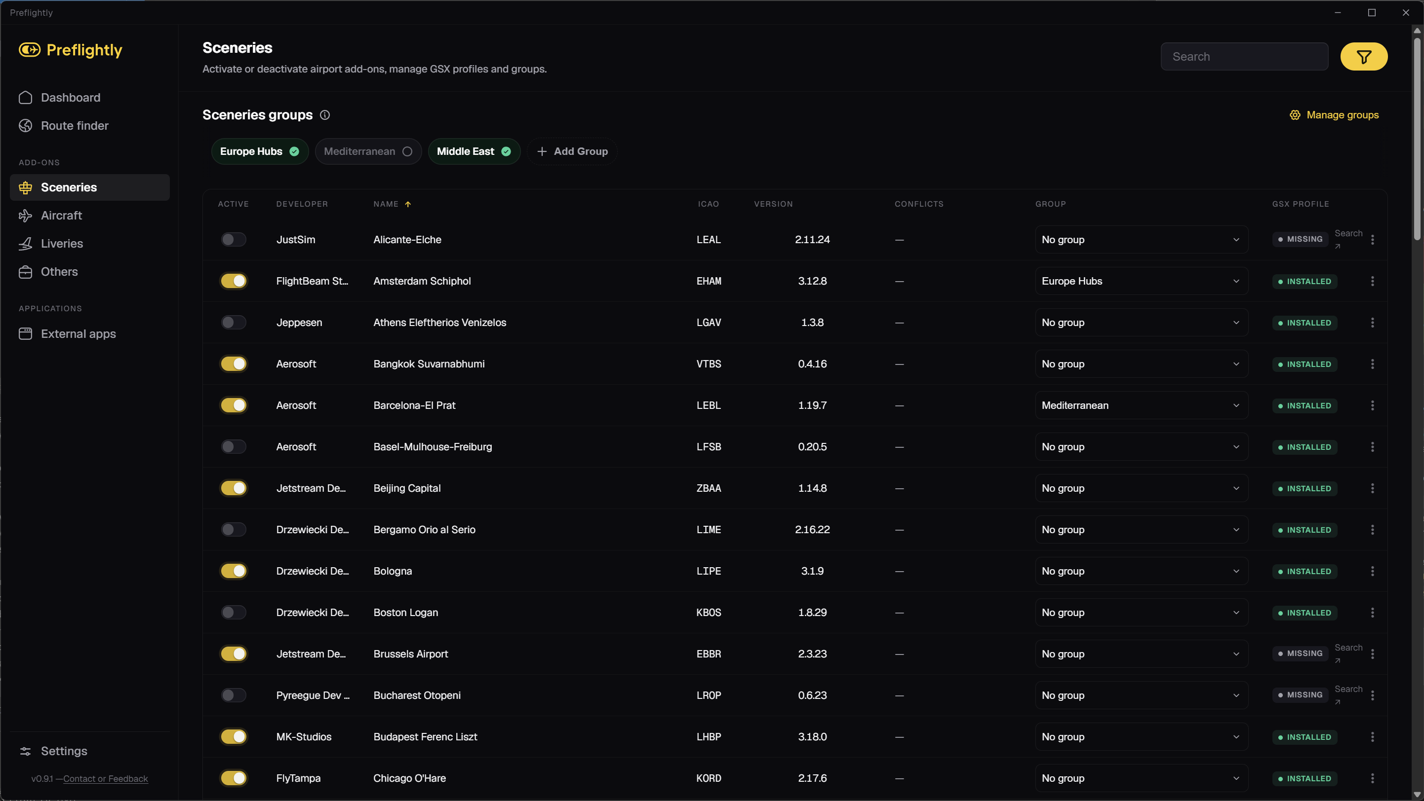 Preflightly — Sceneries view showing the add-on library